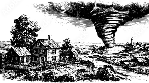 Engraving illustration of a tornado approaching a house in a rural landscape. Black-and-white vector set showcasing detailed storm elements.