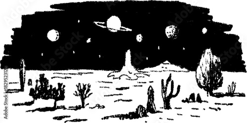 Engraving of a desert landscape with cacti and celestial bodies. This vector illustration captures a night scene filled with planets and stars in a simple design.