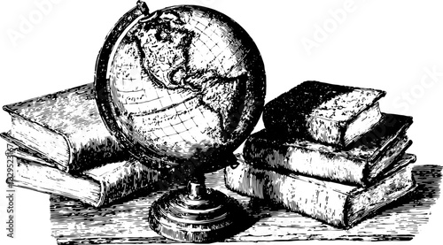 Globe and books in vintage engraving style. Black outline vector illustration set displaying educational tools for study and knowledge.