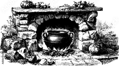 Vintage kettle on a stone stove with fire. Hand-drawn vector illustration showcasing rustic kitchen equipment in black outline style.