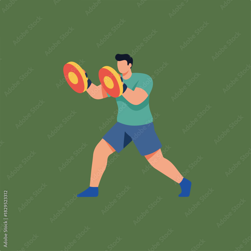 Obraz premium A person stands in a boxing stance, holding two donut-shaped targets, set against a solid green background, creating a simple and stylized image.