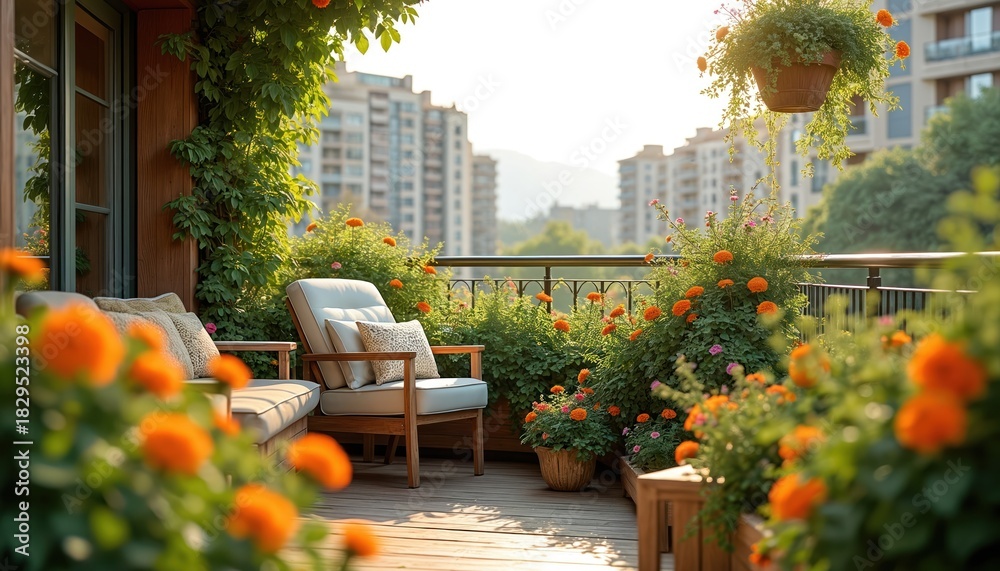 Obraz premium Cozy apartment balcony features blooming garden with vibrant orange flowers, green plants. Comfortable armchair, sofa with cushions create urban relaxation spot. Soft morning sunlight illuminates