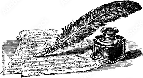 Pen and ink quill with vintage paper. Classic artistic illustration set in black and white vector style.