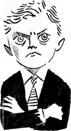 Angry boy in a vintage suit outline. Hand-drawn vector illustration with a serious expression and attitude, showcasing unique character traits.