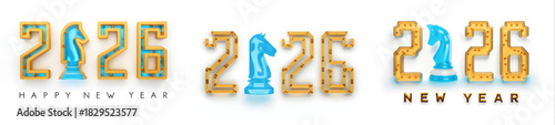 Three variations of happy new year with chess knight and year design on a white background