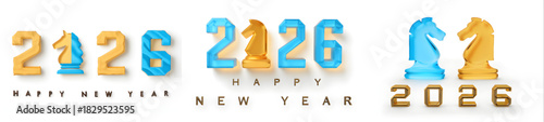 Three variations of happy new year greeting with chess knight and the year two thousand twenty six