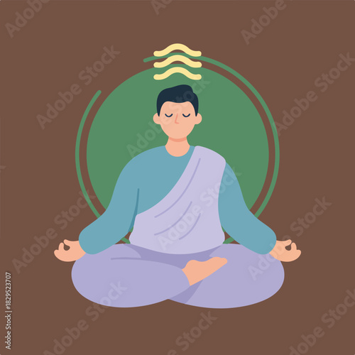 A person meditating in lotus position, inside a green circle with three yellow lines representing energy or vibrations above the head.
