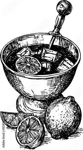 Vintage engraving of a cocktail drink served in a bowl with ice and lime slices. Detailed vector illustration of a refreshing beverage.