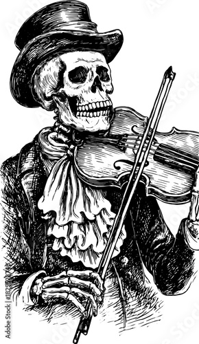 skeleton playing violin, black and white clip art preview