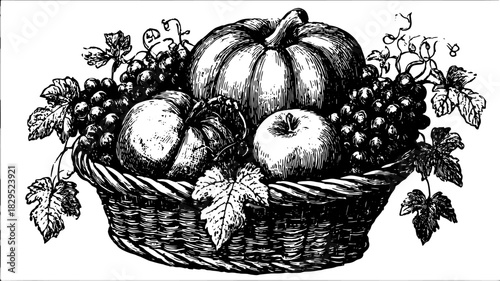 Basket of fruits including pumpkin, apple, and grapes. Vintage black and white engraving vector illustration showcasing organic bounty in nature's harvest set.