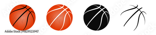 A clean basketball icon set featuring four unique styles—realistic, glossy, solid black, and outline. Perfect for sports graphics, app UI, logos, and modern vector designs.