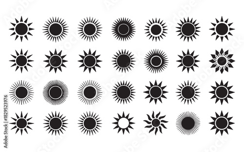 Collection of black sun icon set with various ray shapes
