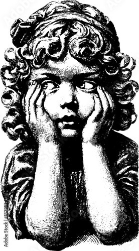 Child silhouette illustration in vintage engraving style. The hand-drawn outline depicts a bored expression in a vector illustration.