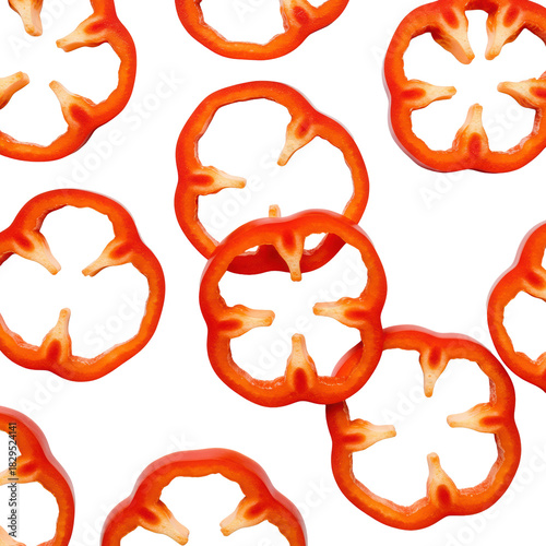 Fresh red bell pepper slices in circular rings, crisp, with translucent inner cores, tiny seeds, dynamically arranged on a transparent background with copy space, concept of healthy eating