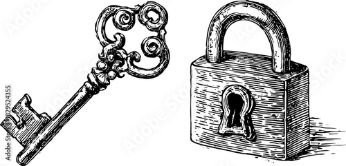 Vintage key and lock outlined in black and white. This detailed vector illustration provides classic security equipment, representing timeless design.