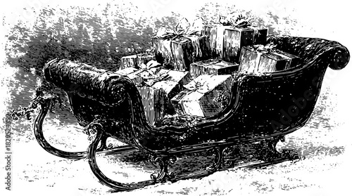 Vintage sleigh laden with gifts in a classic line drawing style. This decorative vector illustration captures holiday spirit in simple black and white.