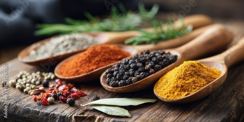 Fototapeta Naklejka Na Ścianę i Meble -  Diverse spice selection kitchen table food photography natural environment close-up shot culinary artistry for flavor enhancement