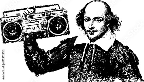 Shakespeare holding a boombox in vintage engraving style. Black and white hand-drawn illustration set capturing retro artistic culture concept.