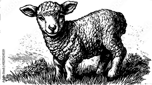 Vintage black and white vector illustration of a sheep. Realistic outline drawing depicting the animal in a natural grassy setting, highlighting fine details.