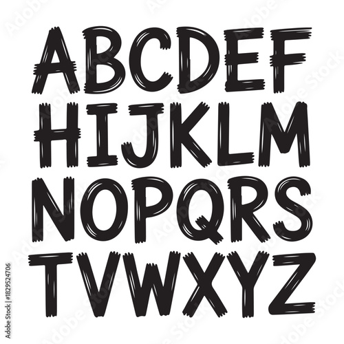 Hand drawn alphabet font in black uppercase letters