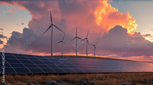 Wallpaper Mural Renewable Energy Farm Wind Turbines Solar Panels Sunset Torontodigital.ca