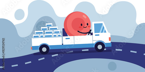 Happy red smiling face character on delivery truck loaded with boxes on winding road.