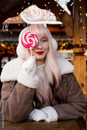 Side View Winter Portrait at Christmas Market