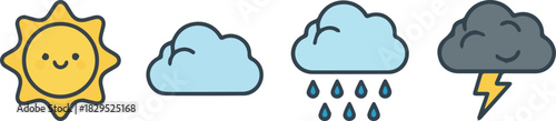 A set of four cute cartoon weather icons depicting sun, cloud, rain, and thunderstorm on a white background.