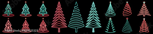 Illuminated neon christmas tree icons in various styles and colors on a black background display festive cheer