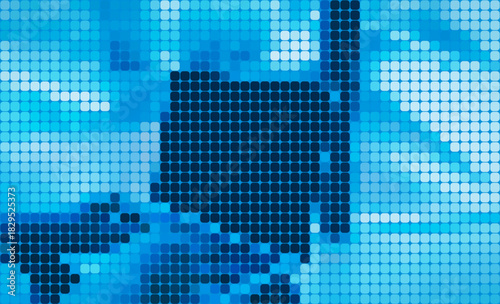Abstract pixel art of human hand typing on keyboard in digital blue tone, symbolizing online communication, data entry, cyber technology, programming, and virtual workspace concept.