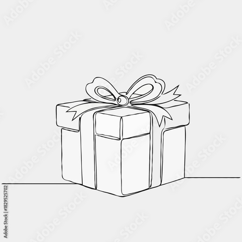 Gift box with bow in minimalist outline style on light background  