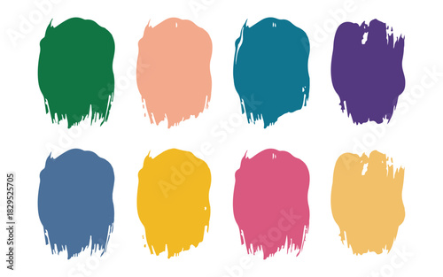 Set of eight colorful paint brush stroke swatches