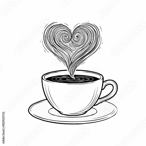 Cup of coffee with heart-shaped steam rising in black and white  