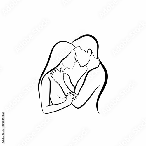Couple embracing and kissing in minimalist line art style  