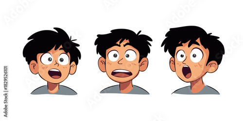 cute boy displaying multiple surprised facial reactions