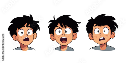 various emotional states of surprised cartoon boy