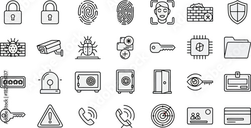 Collection of Security and Protection Icons in Outline Style.