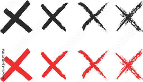 Hand drawn red and black cross mark or x mark isolated on white background