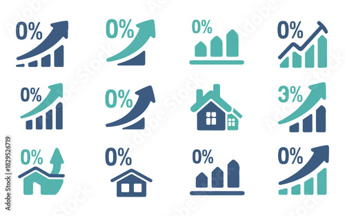 Set of zero percent growth and real estate icons for finance concept