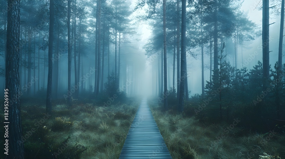 Naklejka premium Foggy Forest Path in a Misty Pine Woodland