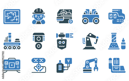 Set of blue monochrome icons representing modern factory automation technology