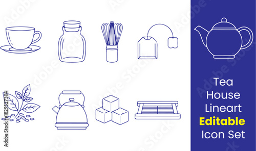 Tea house line icons, teapot, tea cup, matcha whisk, leaf herb, jar, tea bag, kettle, sugar cube, bamboo tray, thin outline, white background.