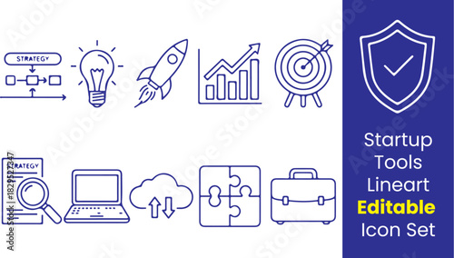 Startup tools line icons, idea bulb, rocket, graph growth, target board, laptop, cloud sync, puzzle piece, briefcase, strategy chart, thin outline.