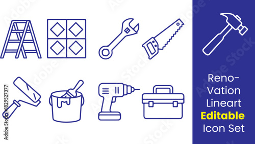 Renovation line icons, paint roller, ladder, hammer, tile, wrench, saw, paint bucket, drill machine, toolbox, thin outline