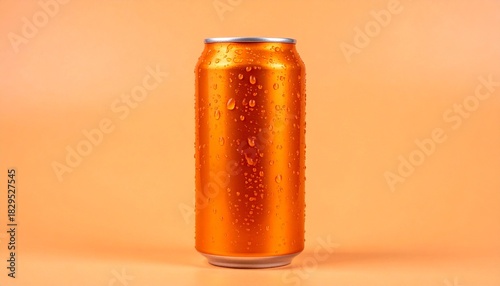 Orange beverage can with water droplets on matching orange background showcasing chilled refreshment