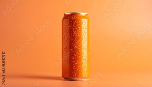 Orange beverage can with water droplets on matching orange background showcasing chilled refreshment