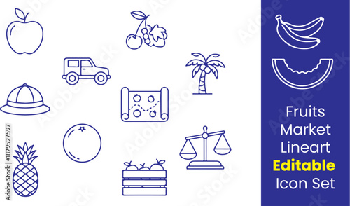 Fruit market line icons, apple, banana, cherry, grapes, melon slice, pineapple, orange, fruit box, weighing scale, thin outline, white background