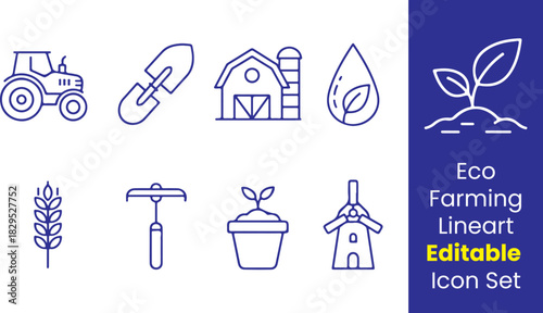  Eco farming line icons, tractor, leaf sprout, wheat stem, shovel, barn, water drop, hoe tool, plant pot, windmill, thin outline, white background