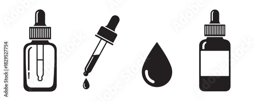 Set of serum vector icons. Symbol for facial oil. Illustration of a dropper with a bottle. Icon representing essential oil. Pictogram for face care.