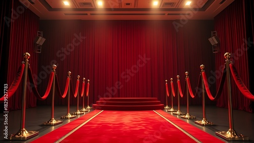 tunicle. Empty award podium on red carpet with velvet ropes, ceremonial space with soft lighting. event programs, museum guides, designed for cultural heritage projects and event programs.